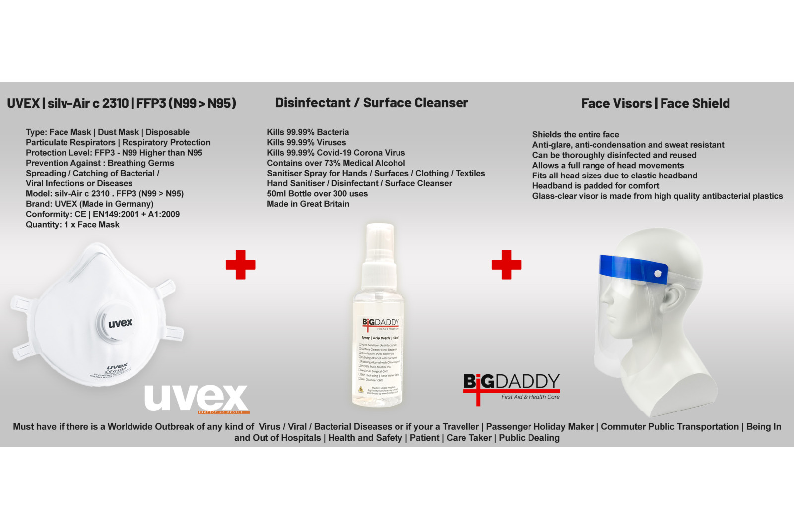 3in1 Protection Kit | Face Visor Protective Screen + Hand Disinfectant Sanitizer + UVEX silv-Air 2310 N99 > N95 FFP3 UVEX Face Mask | CORONA VIRUS COVID-19 | Particulate Respirator GERMS Filter